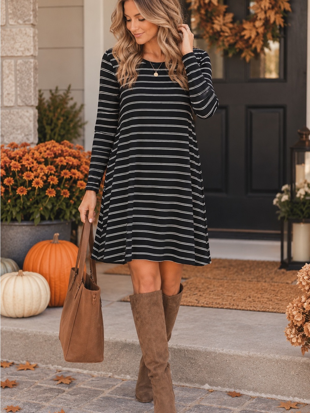Old Navy Black & White Striped A-Line Dress | Size L